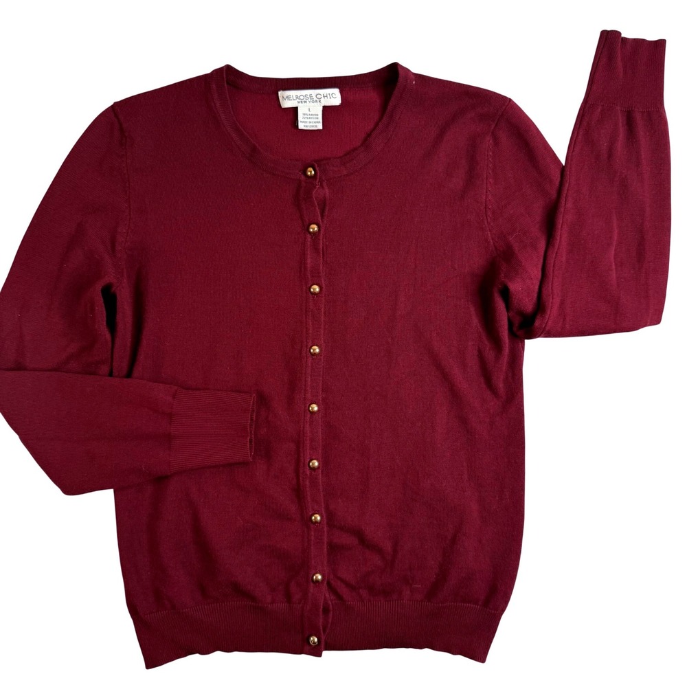 Melrose Chic New York Burgundy Gold Button Front Cardigan Sweater Large